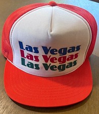 Vintage 80s Las Vegas Trucker Hat Snapback Orange White Foam Mesh Cap picture