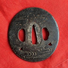 Mid Edo Japanese Iron Tsuba Tatsuta River Inlay Sword Guard 76 mm Unsigned picture