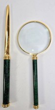 Vintage Green Marble Letter Opener Magnifying Glass Gold Tone Desk Set Elegant picture
