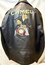 RARE 90's Joe Camel Tobacco Embroidered Black Leather Motorcycle Jacket USA sz52 picture
