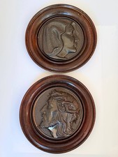 Antique Jesus Christ Virgin Mary Wall Plaques Medallions Wood Framed Pair 8.5