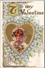 c1910s VALENTINE'S DAY Embossed Postcard Pretty Lady / Forget-Me-Not Flowers picture