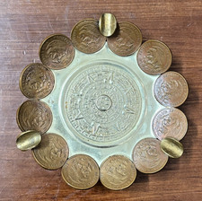 Vintage Mexican Coin Ashtray Aztec Calendar Brass Mexico Souvenir 1960s 1970s picture