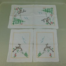 Vintage MCM 3pc Set Dresser Scarves Deer Fawn Hand Embroidered Crocheted Trim picture