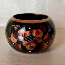 6 Handpainted Black Lacquered Copper Floral Round Napkin Rings picture