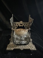 Antique Victorian Cast Iron Inkstand Pressed Glass Inkwell Hinged Lid Pen Rest picture