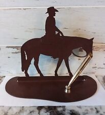Western Cowboy Horse Rider Rust Metal Pen Pencil Holder picture