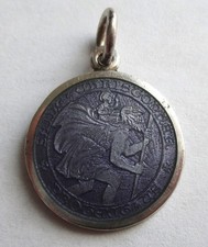 7/8in VINTAGE STERLING SILVER PURPLE ENAMEL THOMAE SAINT CHRISTOPHER MEDAL picture
