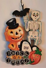 PUMPKIN MAN w SKELETON - TRICK or TREAT *  Glitter HALLOWEEN ORNAMENT * Vtg Img picture