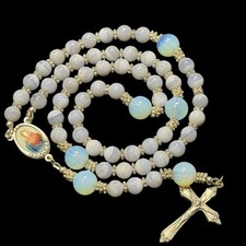 Handmade Banded Gray Chalcedony & Moonstone Gemstone Bead Catholic Rosary 17.5