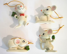 Vintage 1983 Ebeling & Reuss Ceramic White Mouse Christmas Ornament Set of 4 picture