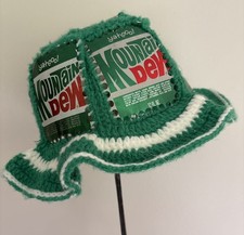 Retro 1970's Vintage Yahoo Mountain Mt Dew Soda Pop Cans Crochet Hat Yarn Green picture