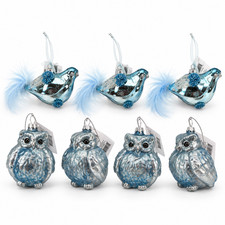 Lot of Seven Blue Silver Glass Bird & Owl Ornaments - New With Tags picture