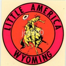VINTAGE LITTLE AMERICA WYOMING STATE SOUVENIR RODEO COWBOY TRAVEL DECAL ENCO 50s picture