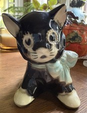 Vintage 40s-50s Shawnee Pottery Tuxedo Kitty Cat Planter Blue Bow Mold 19 MCM picture