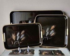 Japanese Vintage 3 Pc Lacquerware Tray Set Wheat Pattern Brown New In Box  picture