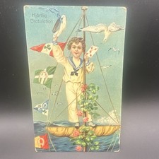 Antique Posted Embossed Lithograph Sailor Boy Ship Flags Postcard, early 1900’s picture