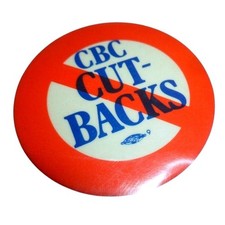 Vintage CBC Cut-Backs Protest Pinback Button Red White Blue 2.25 Inch Badge picture