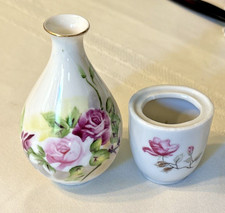 Vintage Miniature Hand Painted Floral , Vase and Pot White Pink and Green Japan picture