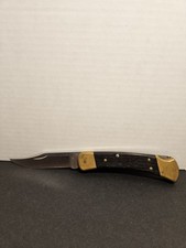 Vintage 1987 Buck 110 Folding Hunter Knife USA Wood Handle Brass Lockback picture