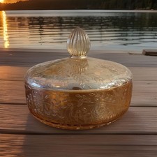 VINTAGE ART DECO MARIGOLD IRIDESCENT ROUND POWDER/ TRINKET/CANDY GLASS DISH picture