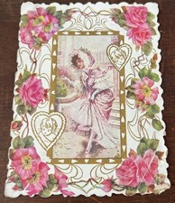 Antique Circa Valentine Card Die Cut Flowers Cupid Little Girl picture