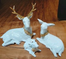 Vtg Gorgeous White with Gold Accent 3 Pc Porcelain Deer Family New In Box picture
