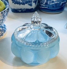 Vintage Fenton Powder Blue Cased Glass Melon Powder Jar Vanity Box W/ Clear Lid picture