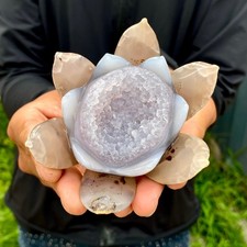 252G Natural Agate Geode Carved Lotus Flower, Hand Carved Healing Crystal Home picture