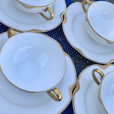 Set of 4 Antique Haviland Limoges Silver Anniversary Cream Soup Bowls Saucers picture
