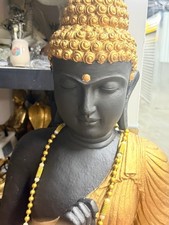 Large 5 Ft Standing Buddha Statue Black Gold Floor Sculpture Beaded Necklace picture