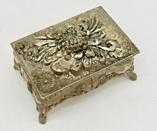 Vintage Repoussé Metal Trinket Box w Red Velvet Lining Victorian Figures Japan picture