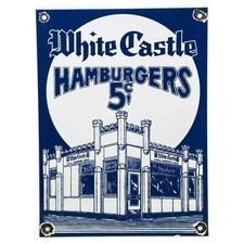 VINTAGE WHITE CASTLE HAMBURGERS 5 CENT PORCELAIN SIGN DINER RESTAURANT KITCHEN picture