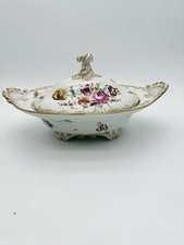 Antique Meissen 2pc Porcelain Lidded Tureen Caserole Dish Bowl FLoral Germany picture