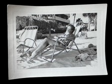 Vintage Black & White Snapshot Photo Woman on Beach Chair 3x5 Bikini picture