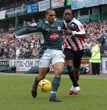Sheffield United's Steve Kabba battles with Plymouth's Mathias Dou- Old Photo picture