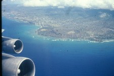 c1970's 35mm Slide, Airplane Wing Engine Honolulu Hawaii Cityscape Ocean blue picture