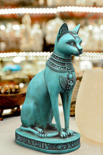 Large Green Egyptian Bastet Cat Statue with scarab Heavy Made in Egypt picture