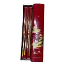 RED Lacquer Box with Chopsticks Vintage  Hand Painted Okinawan  10 1/4