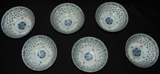 6 Antique Chinese Rice Grain Porcelain Rice Bowls Shou Symbol 4 1/4