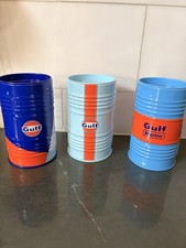 3 Piece Gulf Motor Oil Tin Can 1/8 Mini Barrel Racing Painted for Scene Figure picture