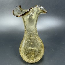 Vintage Hand Blown Yellow Amber Crackle Glass Vase Ruffled Edges Crackled Glass picture