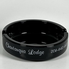 Vintage Black Glass Ashtray Chautauqua Lodge 4.25” Dia. picture