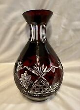 Vintage Bohemian Cranberry Ruby Crystal Cut To Clear Vase 8” picture