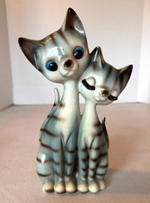 Vintage 1950s MCM Eyelash Cat Figurines Blue & White Kitsch Ceramic Pair picture