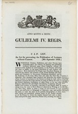1835 British Act “Publication of Lectures” 5&6 Will IV c65 Folio Document picture