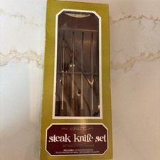 Vintage Forgecraft Stainless 6 Steak Knives New Old Stock With Drawer Wood Block picture