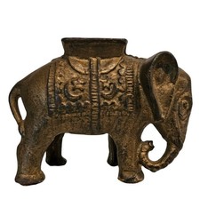 Early 1900's Vintage Cast Iron Elephant Still Bank Gold Tone Moon Star Celestial picture