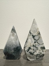 Druzy Moss Agate Crystal Teardrop Towers Set Of 2–361 Grams 3.75”& 4.5” picture