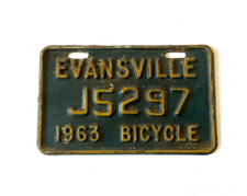 RARE 1963 EVANSVILLE INDIANA BICYCLE LICENSE PLATE ORIGINAL PAINT HARD TO FIND picture